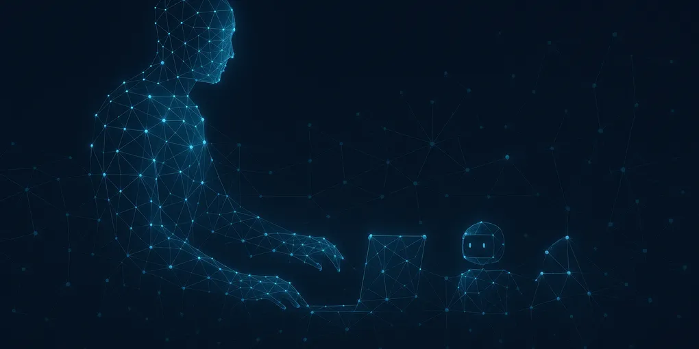 Glowing network of blue AI agents connected in an abstract humanoid form against a dark navy background, representing Adobe CX Enterprise agentic AI orchestration