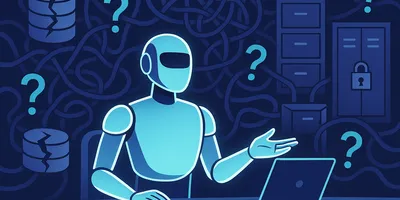 A robot sitting at a desk surrounded by broken databases, tangled cables, locked filing cabinets and question marks — illustrating the gap between AI agents and enterprise data readiness