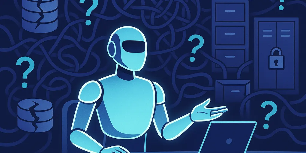 A robot sitting at a desk surrounded by broken databases, tangled cables, locked filing cabinets and question marks — illustrating the gap between AI agents and enterprise data readiness