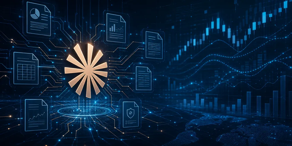 Glowing cyan AI circuit patterns over dark navy background representing Claude finance agents processing financial documents