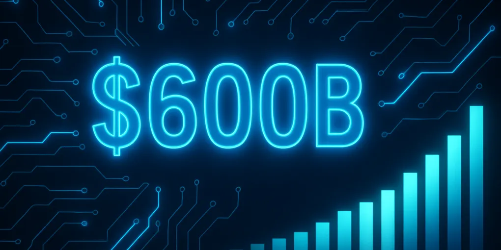 Dark navy background with glowing cyan "$600B" text and rising financial chart bars representing Big Tech AI infrastructure spending under investor scrutiny