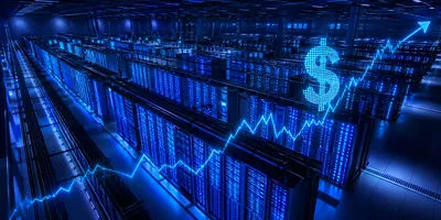 Massive data center interior with illuminated server racks glowing in deep blue and cyan, representing more than $130 billion in quarterly Big Tech AI infrastructure investment