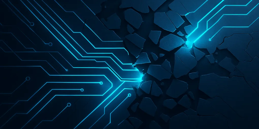Fragmented circuit lines and glowing geometric barriers on a dark navy background, representing a blocked data transfer and geopolitical tension in AI