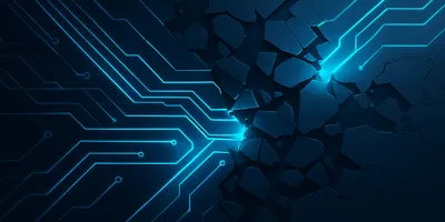 Fragmented circuit lines and glowing geometric barriers on a dark navy background, representing a blocked data transfer and geopolitical tension in AI