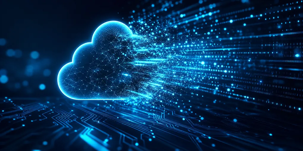 Abstract cloud icon dissolving into streams of light and data, representing AI-driven workforce transformation at Cloudflare