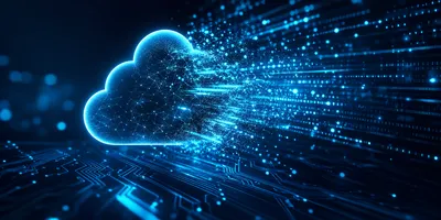 Abstract cloud icon dissolving into streams of light and data, representing AI-driven workforce transformation at Cloudflare