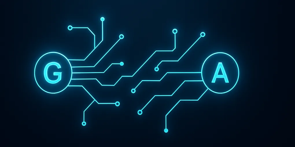 Glowing cyan network nodes on dark navy background representing the Google and Anthropic strategic partnership and AI infrastructure investment