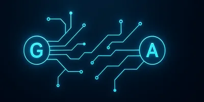 Glowing cyan network nodes on dark navy background representing the Google and Anthropic strategic partnership and AI infrastructure investment