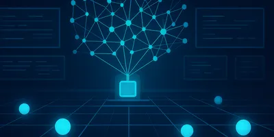 Dark blue and cyan enterprise technology illustration showing interconnected AI agents flowing through a central digital hub representing Google Gemini Enterprise Agent Platform