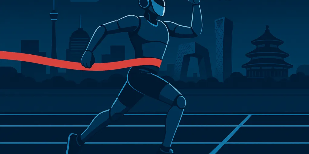 Bipedal humanoid robot sprinting along a road course at the 2026 Beijing E-Town Half Marathon