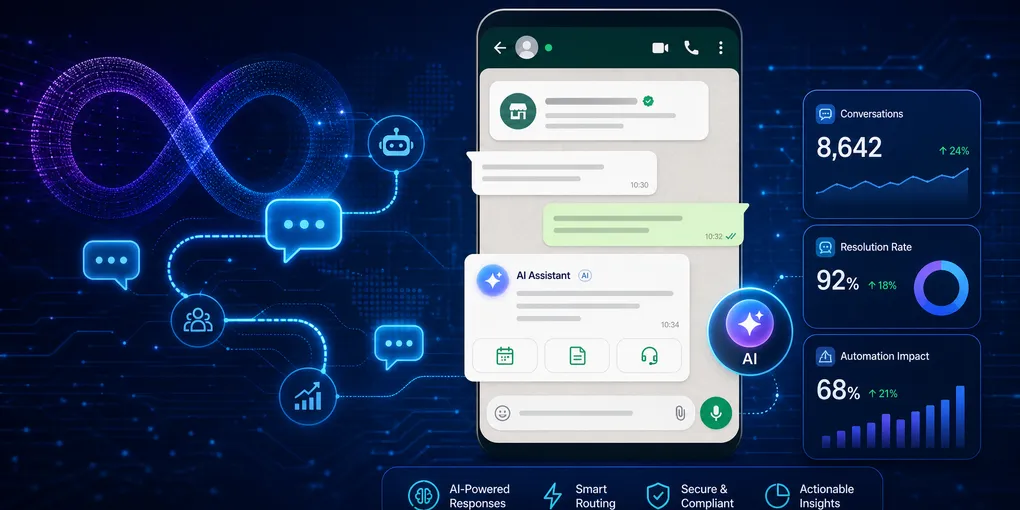 Glowing chat bubble icons in a dark blue digital network representing Meta business AI conversations on WhatsApp and Instagram