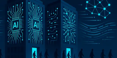 Two corporate office buildings with workers silhouetted against glowing AI circuit patterns, representing Big Tech workforce shifts toward AI infrastructure