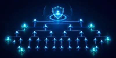 Abstract network of interconnected glowing nodes on a dark navy background, one central hub with a security shield ring, representing enterprise AI agent governance