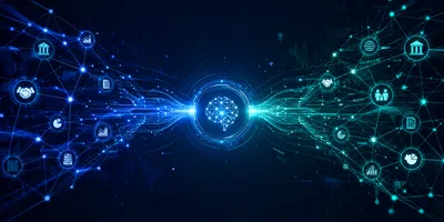 Abstract network visualization showing two converging AI deal flows merging into a central enterprise node, dark blue and cyan tones
