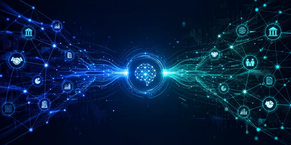Abstract network visualization showing two converging AI deal flows merging into a central enterprise node, dark blue and cyan tones