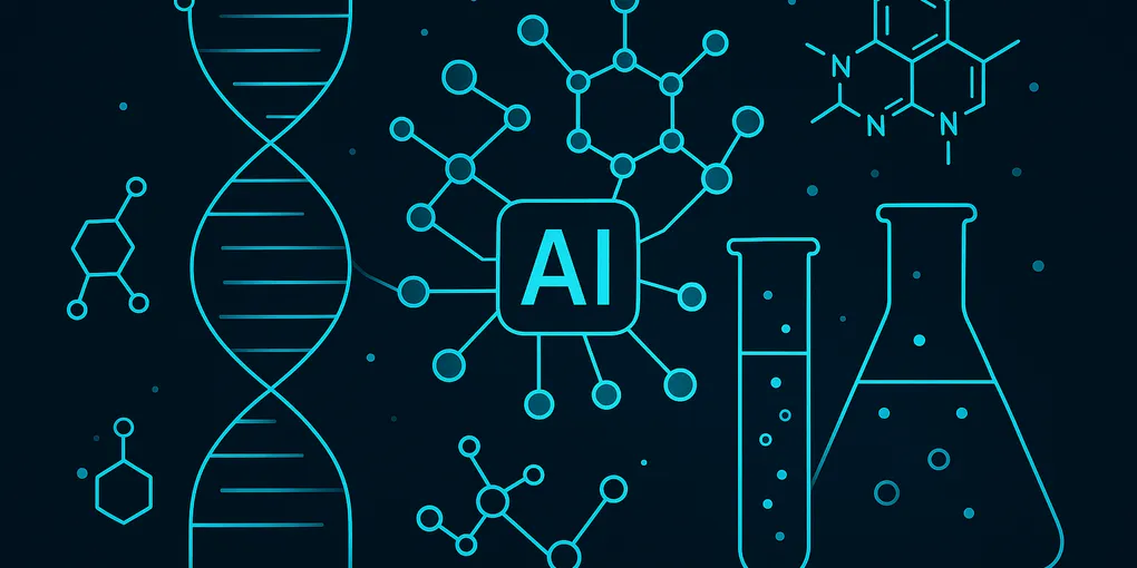 Abstract visualization of molecular structures and DNA strands overlaid with AI reasoning pathways, representing GPT-Rosalind life sciences model