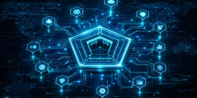 Pentagon building silhouette with glowing cyan AI circuit patterns radiating outward, representing classified military AI contracts
