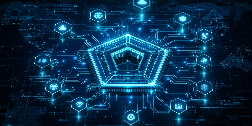 Pentagon building silhouette with glowing cyan AI circuit patterns radiating outward, representing classified military AI contracts